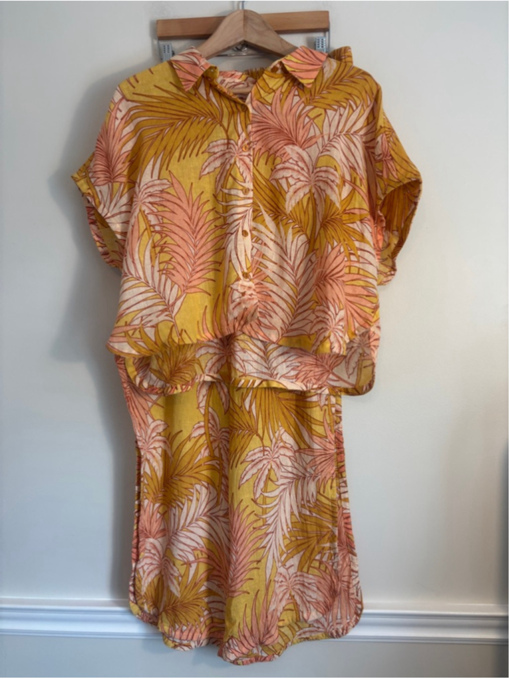 Tahari Linen Top and Wide Leg Pant Set Size XL Yellow Coral Palm Print Travel